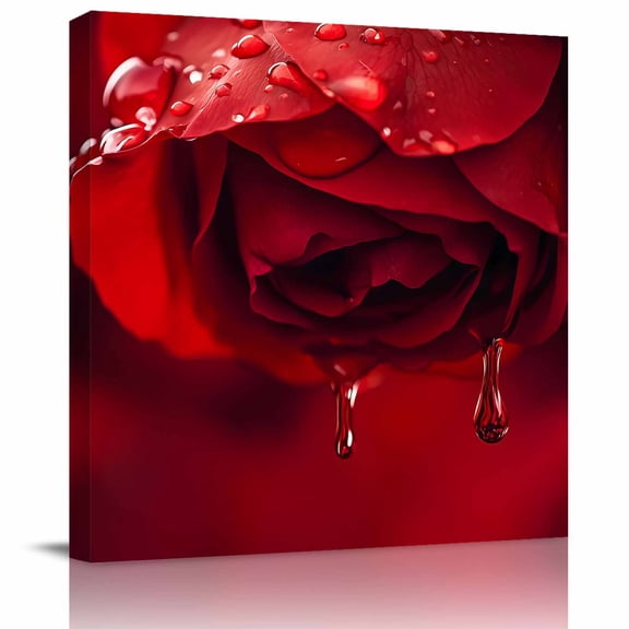 Framed Canvas Wall Art for Living Room Red Rose Wall Decor, Nature Water Drops Aesthetic Paintings for Bedroom Office Kitchen Bathroom, Ready to Hang Artwork Wall Pictures 8x8 Inch