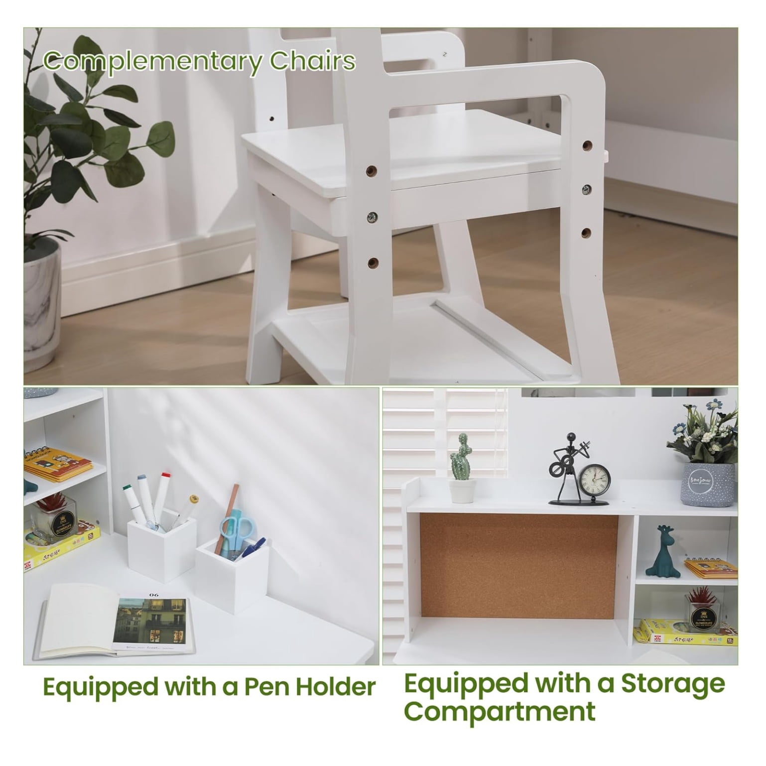 Kids Study Desk and Chair Set, White Corner Table with Adjustable Chair, Hutch, Cork Bulletic Board, Pen Holders, Small Art Table Homework Table Set for Children for Home School