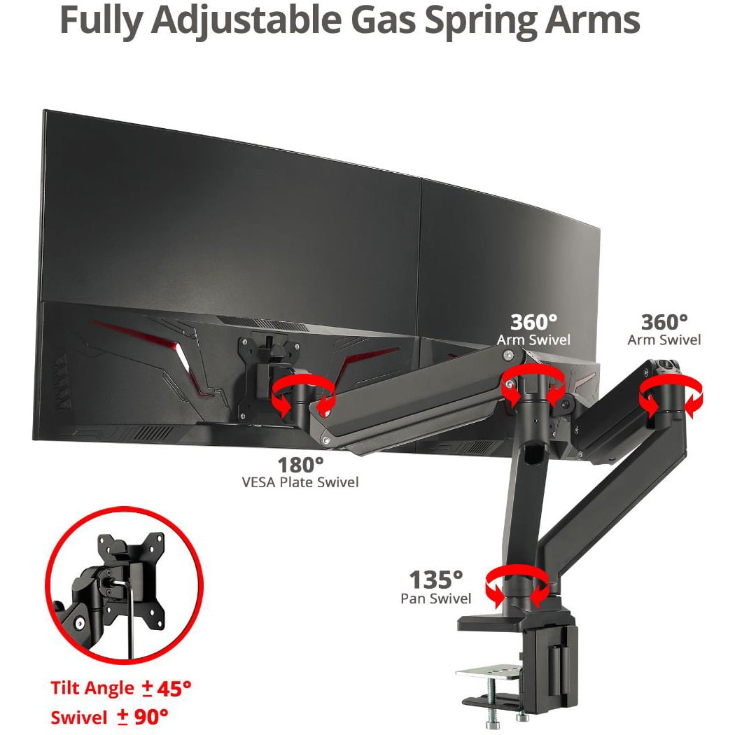 SIIG CE-MT3011-S1 Dual Monitor Aluminum Heavy Duty Premium Aluminum Gas Spring Desk Mount - Black