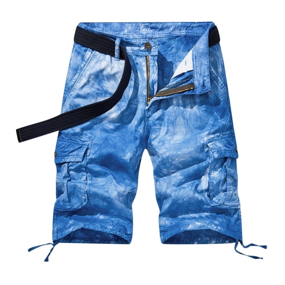HOOMEUMY Men's Summer Cargo Shorts Tie Dye Camouflage Multi-Pocket Loose Fit Straight Work Shorts with Belt Blue L