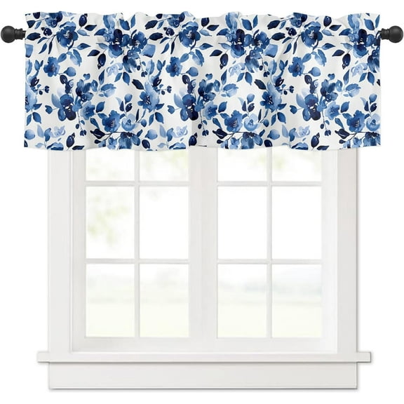 Valance Curtains for Windows,Watercolor Blue Flowers and Leaves Semi Sheer Curtain Valance,Short Rod Pocket Window Treatment,Window Valance Curtains for Kitchen Living Room Bedroom Windows 54"x18"