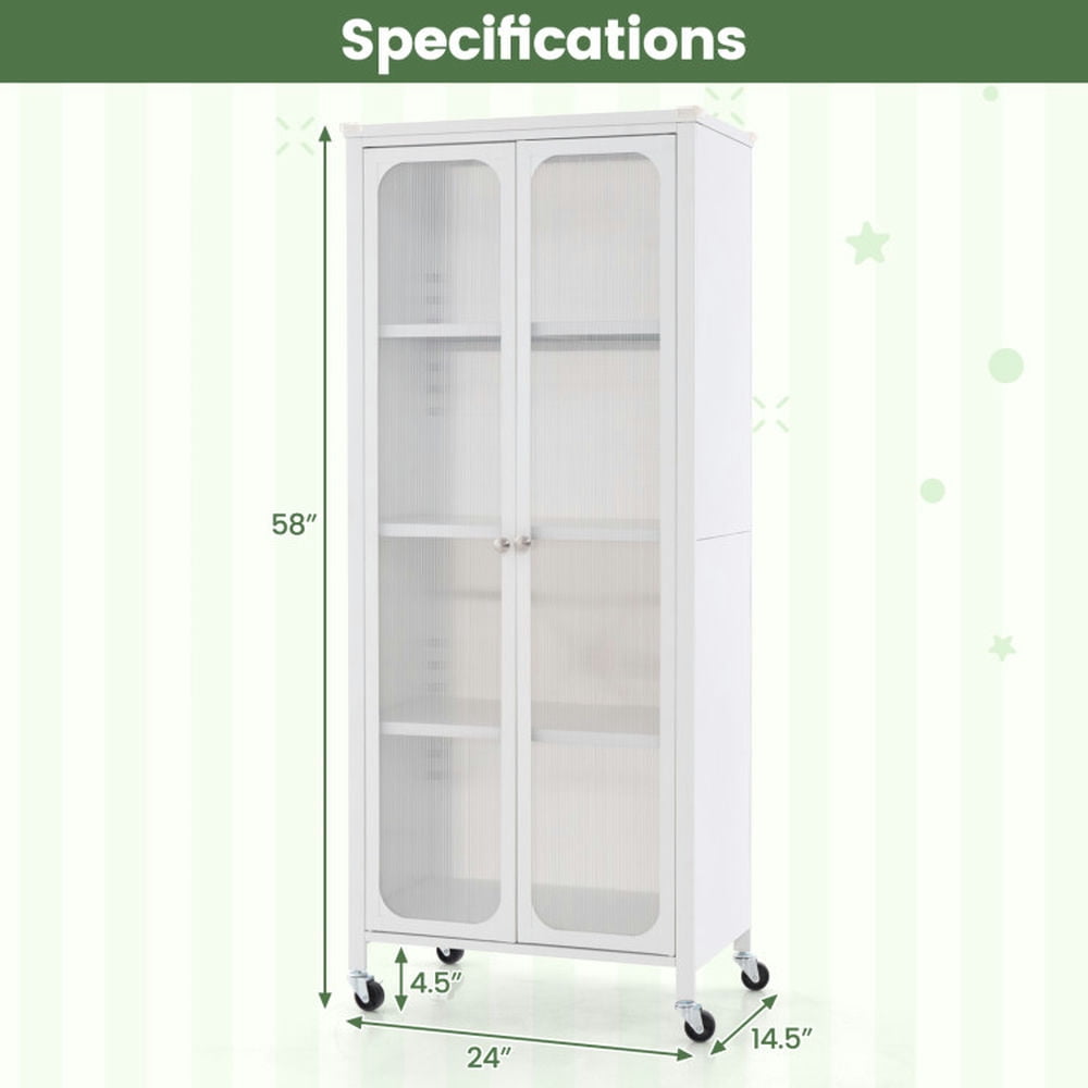 Finihen Storage Cabinet, Glass Doors Storage Cabinet with Wheels and Adjustable Shelves, for Living Room, Bedroom, Entryway, White