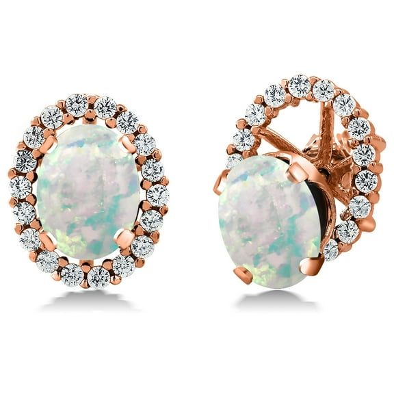 Gem Stone King 2.52 Ct Oval Cabochon White Simulated Opal 18K Rose Gold Plated Silver Earrings