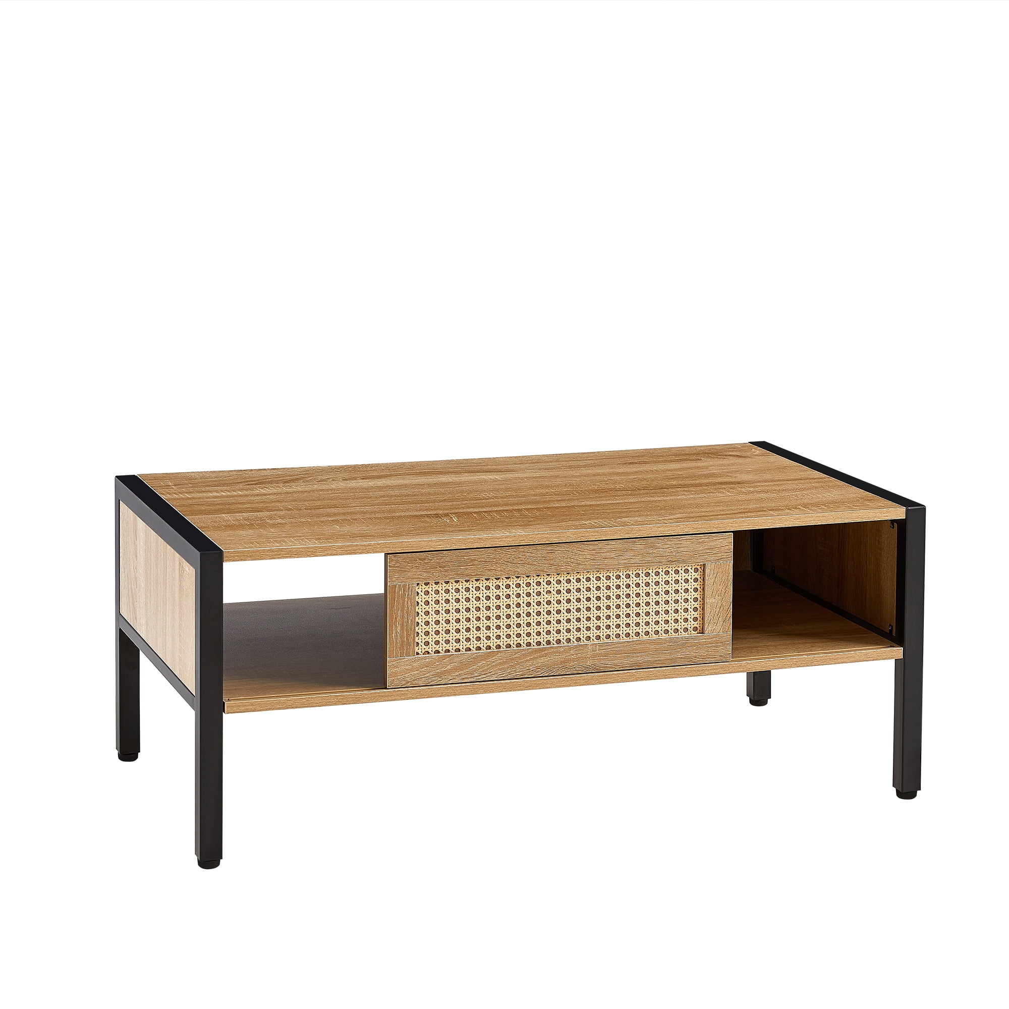 Euroco 40.16" Rattan Coffee table, sliding door for storage, metal legs, Modern table for living room , natural