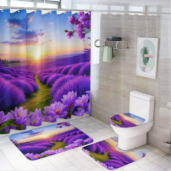 Lavender Field Sunset Shower Curtain Set Modern Bathroom Decor Mats 4pcs Fabric Bathroom Curtain Slip Floor Rug Toilet Lid