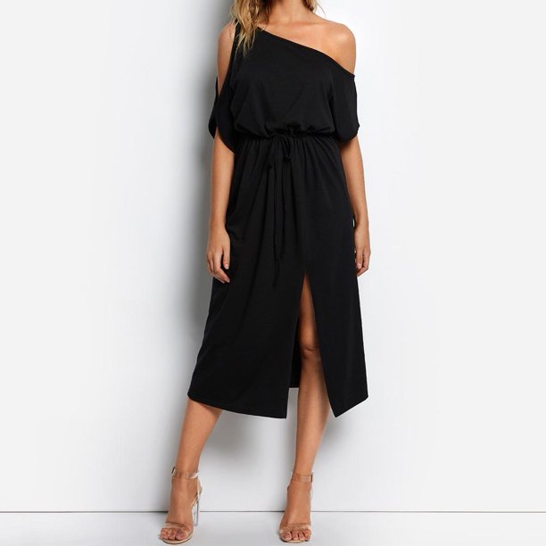 Vestido De Mujer De Color Puro Delgado De Moda Vestidos Midi Con Abertura En El Hombro De Verano Likrtyny Mujer