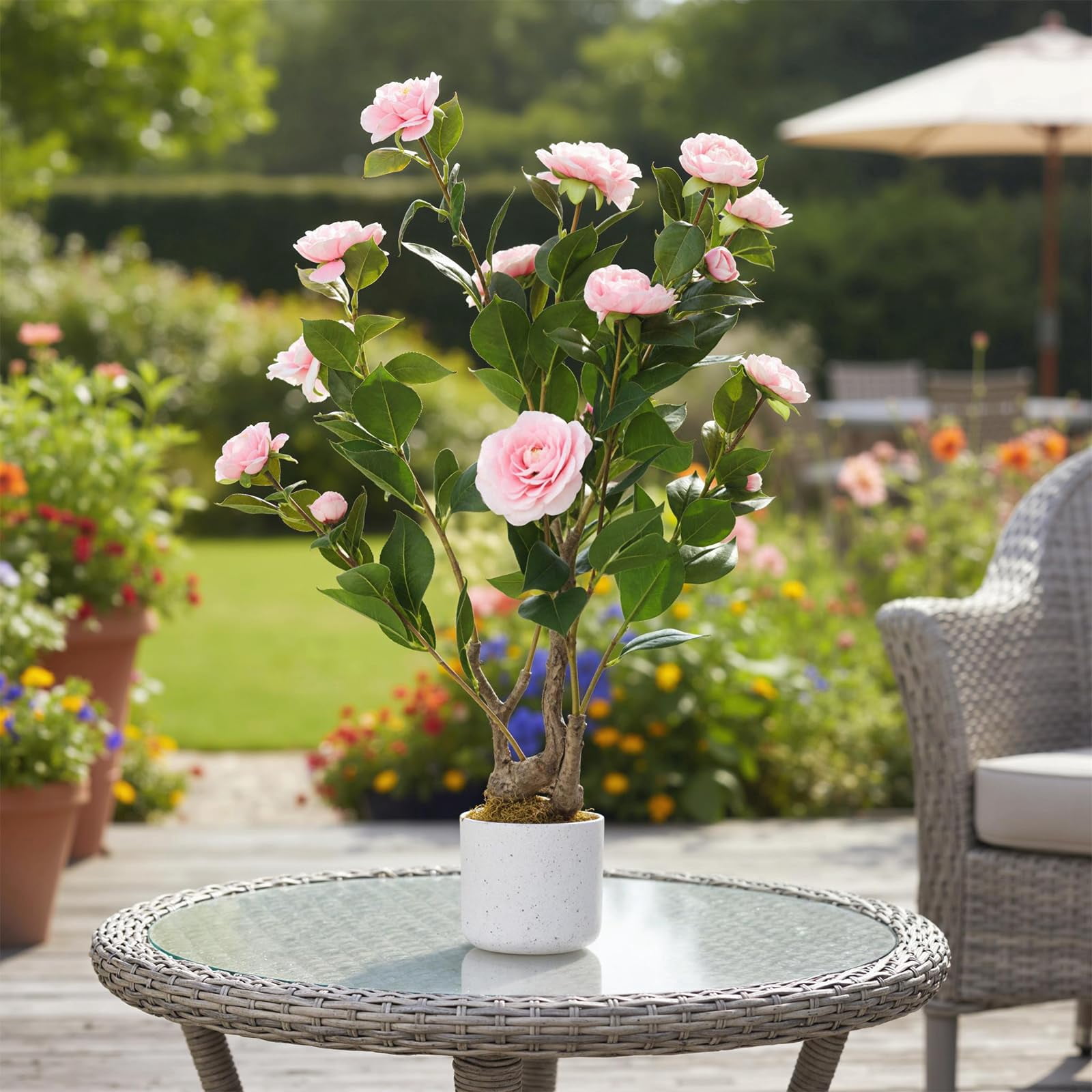 2.5FT Artificial Camellia Tree, Realistic Faux Plant in Pot with Flowers, Artificial Plants for Spring Home Decor Outdoor Porch Front Door Decor