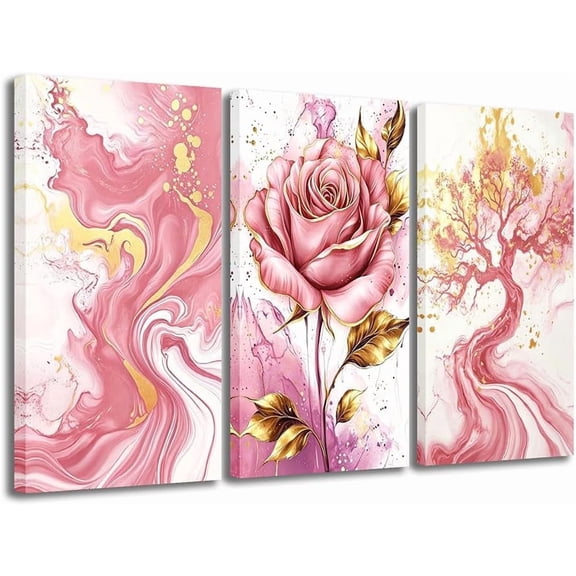 CCWACPP Pink and Gold Wall Art Pink Abstract Wall Decor 3 Piece Set Abstract Rose Tree Pictures Modern Canvas Prints Bathroom Living Room Bedroom Home Office Decor Framed (8.00" x 16.00" x 3PCS)