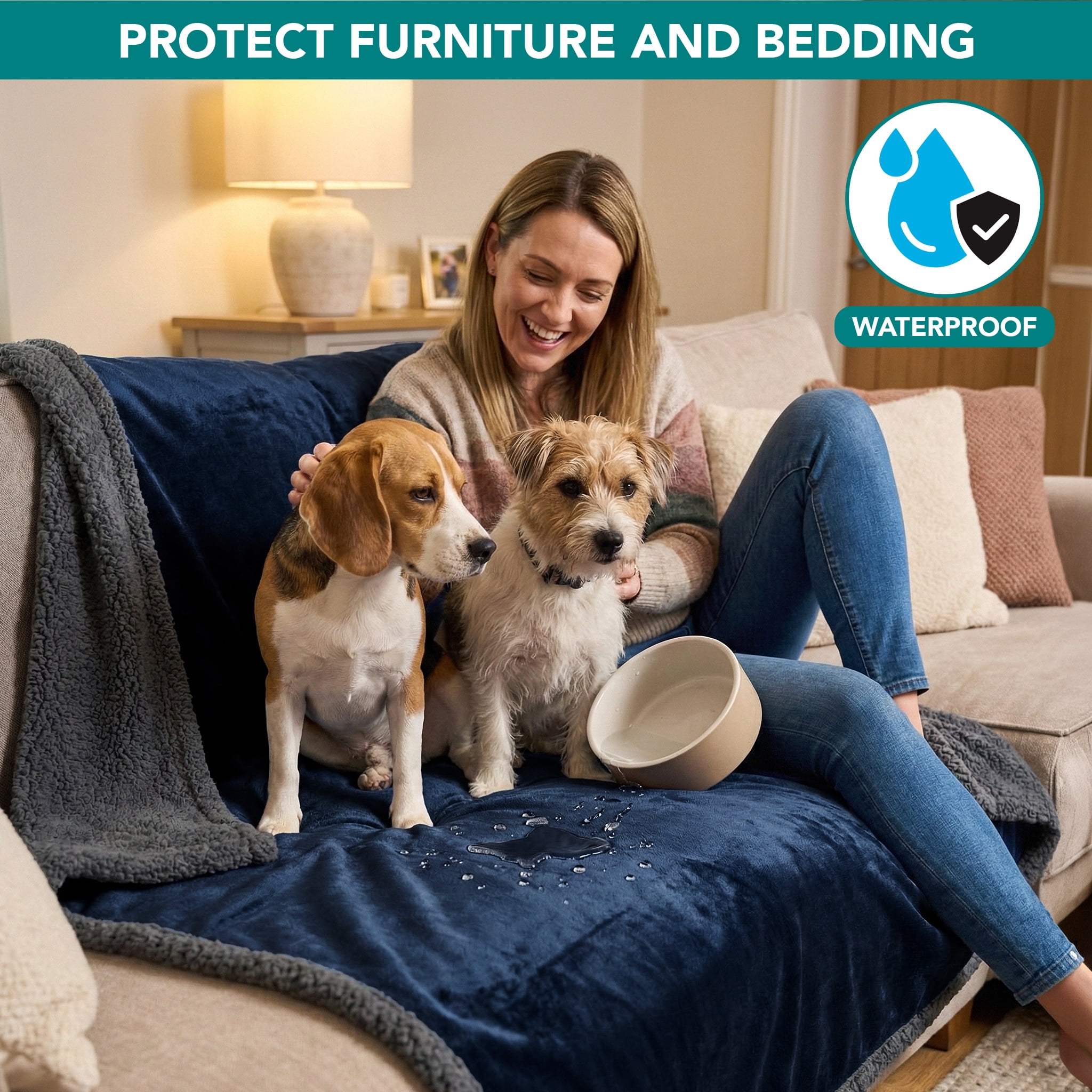 PetAmi Waterproof Dog Blanket for Couch, Large 60x40, Pee Proof Sherpa Fleece Reversible Pet Throw, Furniture Protector for Bed Sofa Kennel, Soft Washable Cover for Medium Dogs Cats, Blue Grey