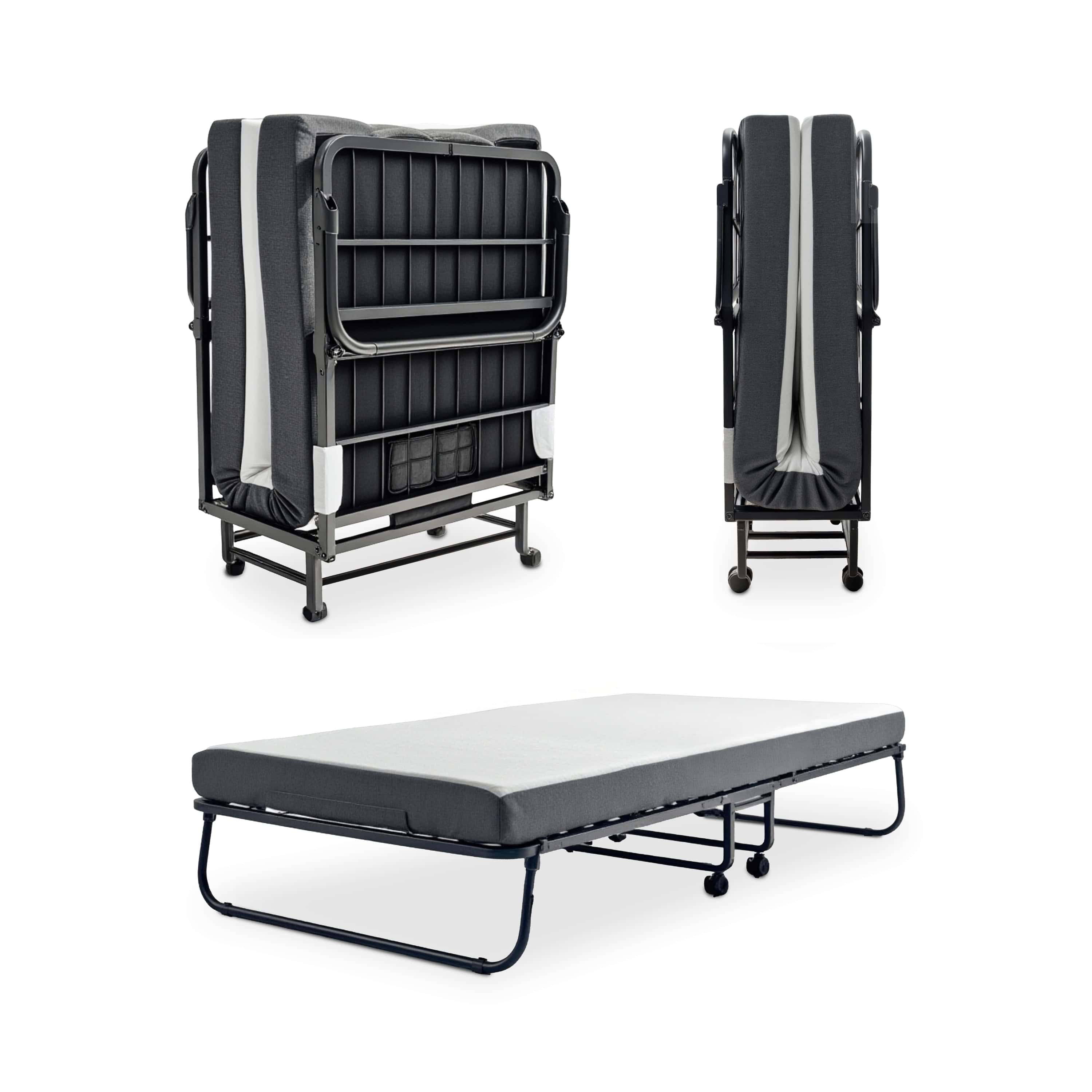LammaLoe Folding Bed with Mattress, 5" Memory Foam Roll away Bed with Sturdy Steel Frame, Locking Wheels & Storage Cover, Twin Foldable Bed 75" x 38"