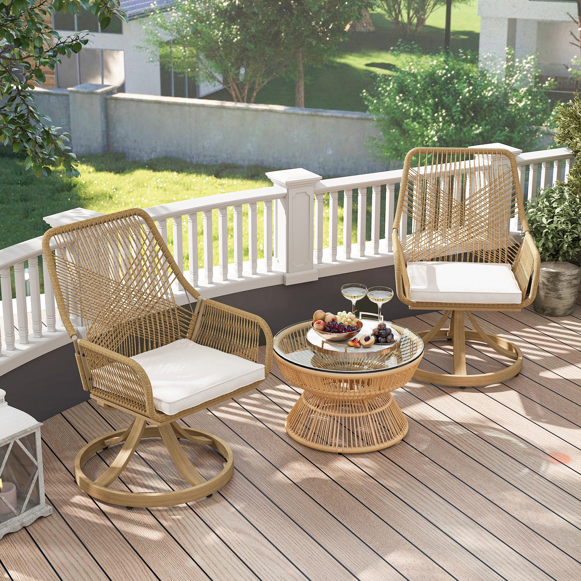 Outsunny Outdoor Patio Swivel Chairs Set of 2, Rattan Patio Dining Chairs with Soft Cushions and Metal Frame for Backyard, Lawn, Porch, Garden, Khaki