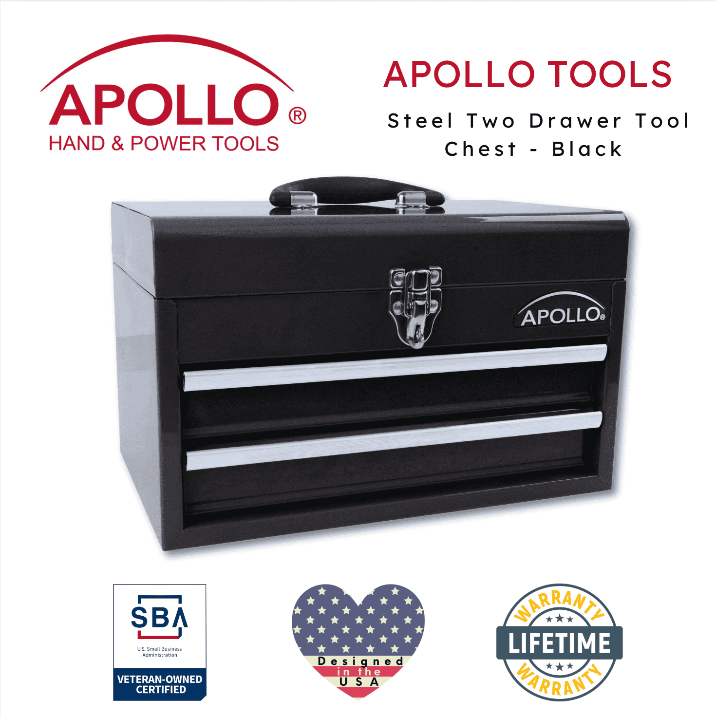 Apollo Tools Black Steel Tool Chest with 2 Drawers and Ample Top Compartment -- DT5010