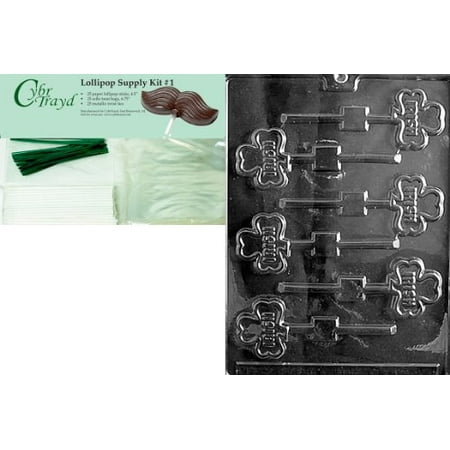 Cybrtrayd Irish Lolly Patriotic Chocolate Candy Mold with Lollipop Supply Bundle of 25 Lollipop Sticks, 25 Cello Bags, 25 Green Twist Ties and