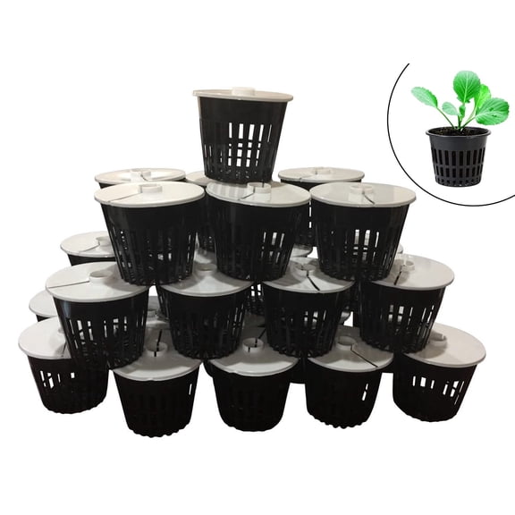 3 inch Net Pot - Garden Net Cups - Hydroponics Slotted Mesh - Bucket Basket for Hydroponics with white Lids - 25 Pack