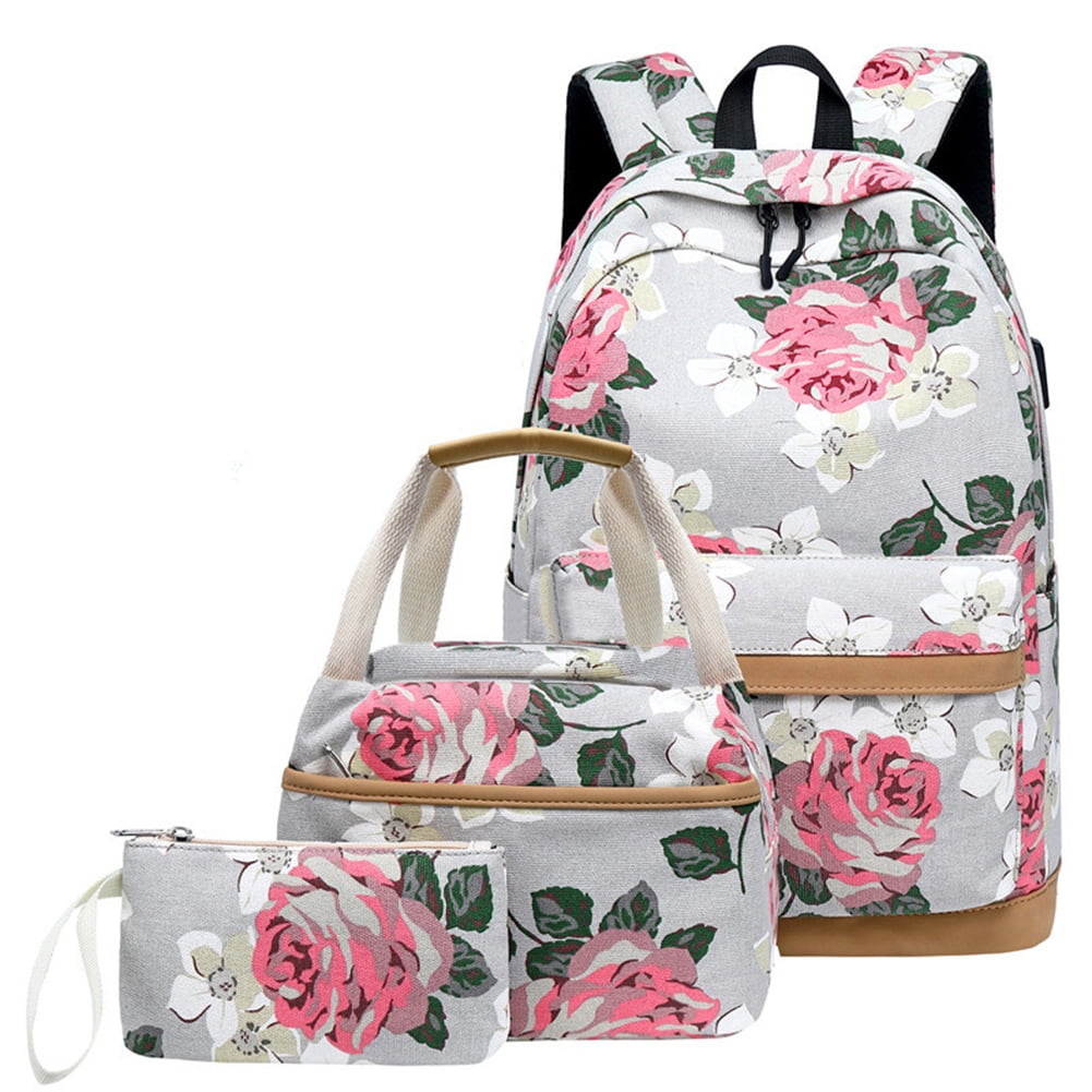 Kepooman 3Pcs Women' s Flower Prints Backpack with Lunch Box Pencil Case, Ladies Laptop School Bookbag Set for Outdoor Shopping Hiking, Gray Kepooman 3Pcs Women' s Flower Prints Backpack with Lunch Box Pencil Case, Ladies Laptop School Bookbag Set for Outdoor Shopping Hiking, Gray