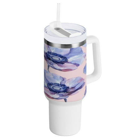 

40 Oz Car Handle Water Bottle 10.8x3.85 Inch Handle And Straw Travel Water Bottle Reusable Stainless Steel Water Bottle Cartoon Blue Flowers Seamless