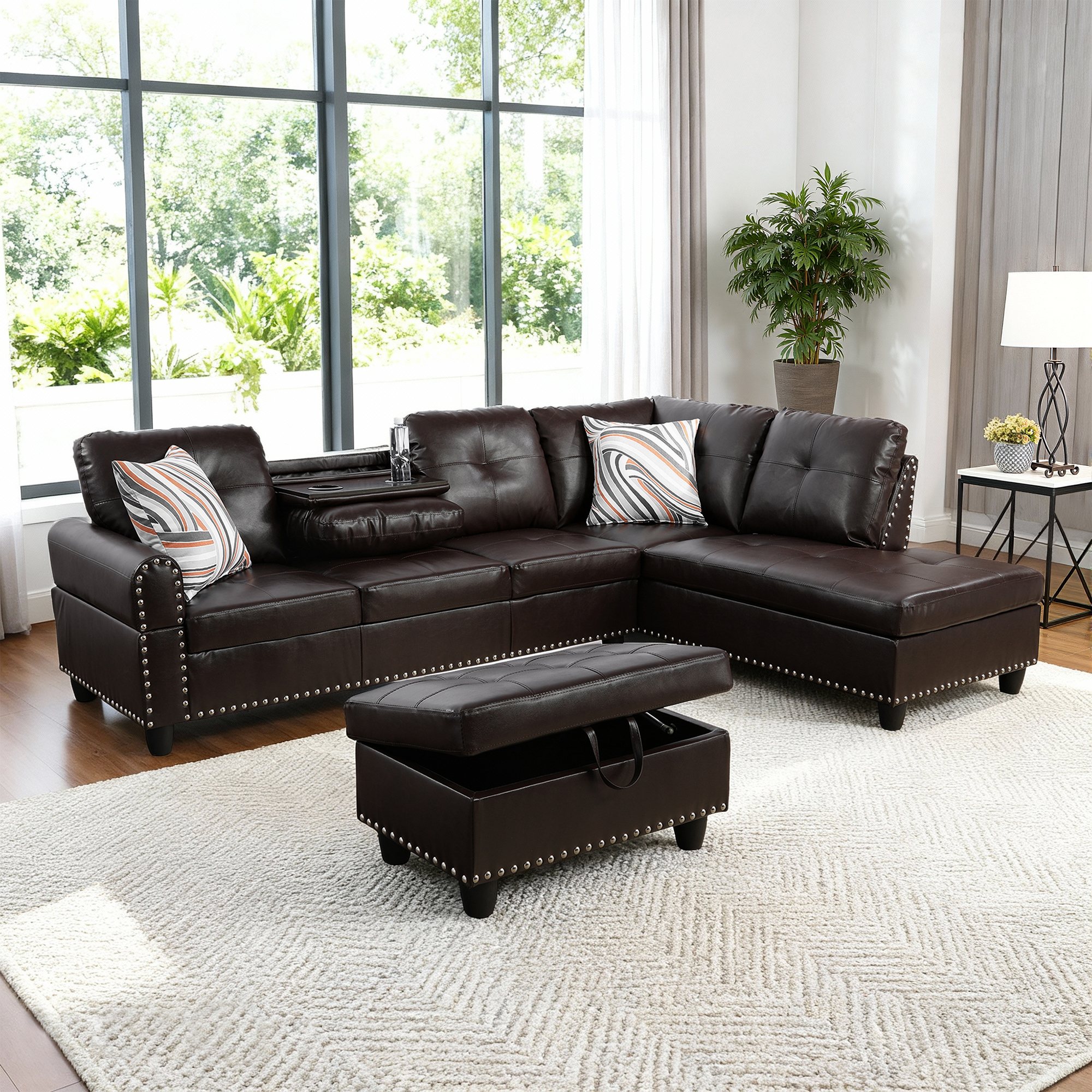 MAYEERTY 97.5" Sectional Sofa with L-Shape Chaise, 3-Piece Faux Leather Sofa Couch for Living Room, Brown