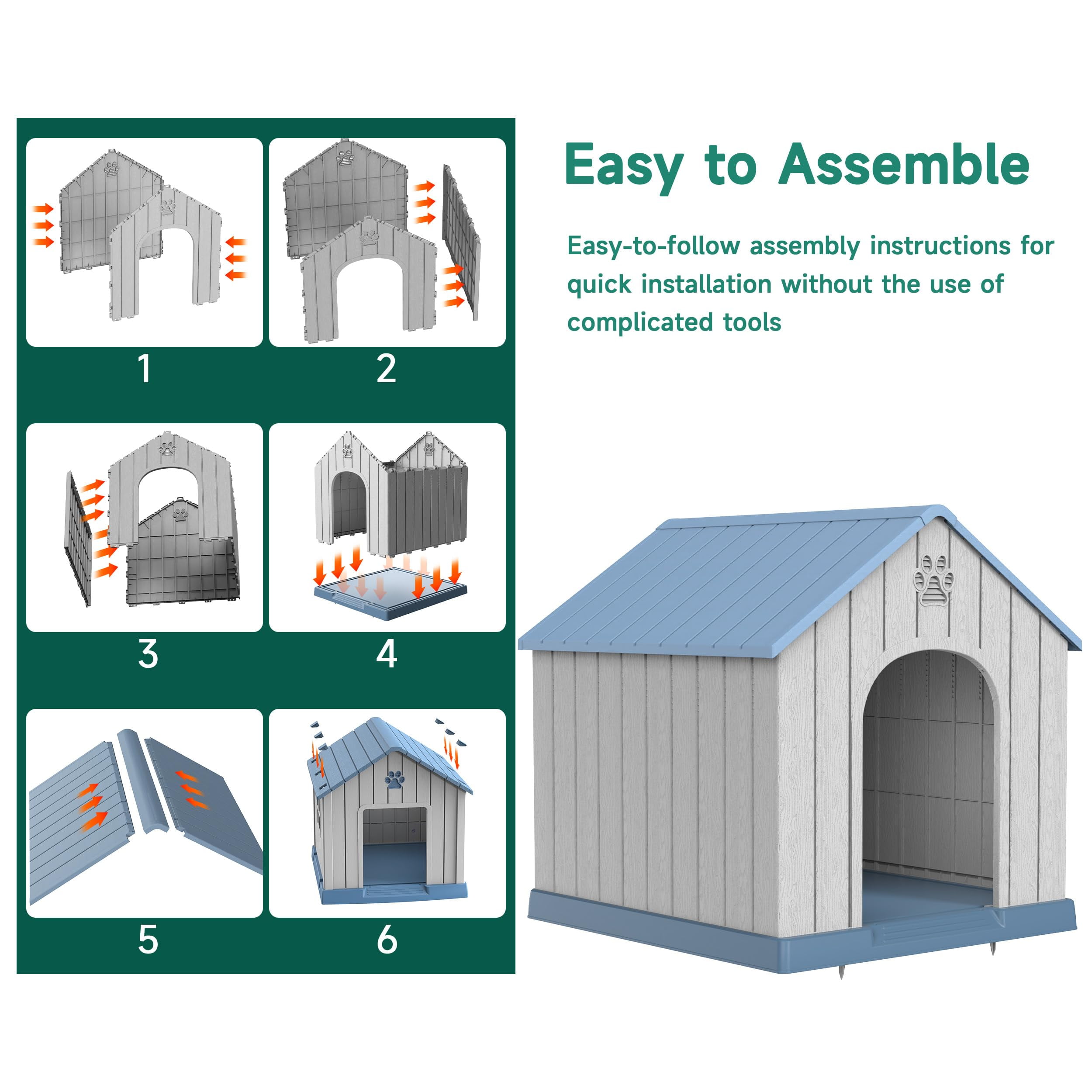 EasyUp Outdoor Waterproof Dog House,Resin Material,Puppy Shelter with Air Vents and Elevated Floor,Sturdy Dog Kennel for Small to Large Sized Dogs, Easy to Assemble (Blue, 38.62*36.26*38.07 Inches)