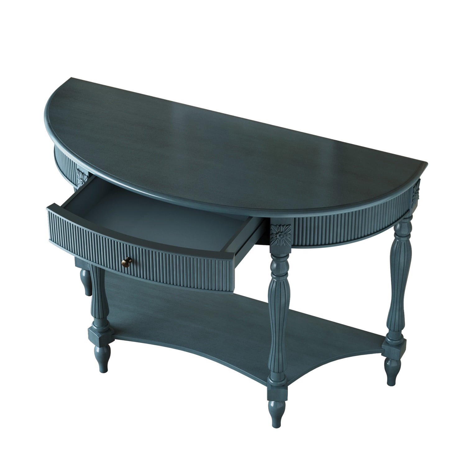 Hommoo Solid Wood Half Moon Console Table with Drawer & Open Shelf, Fluted Vintage Entryway Table for Hallway, Foyer, Living Room, or Behind Sofa, Farmhouse Style, Rustic Blue