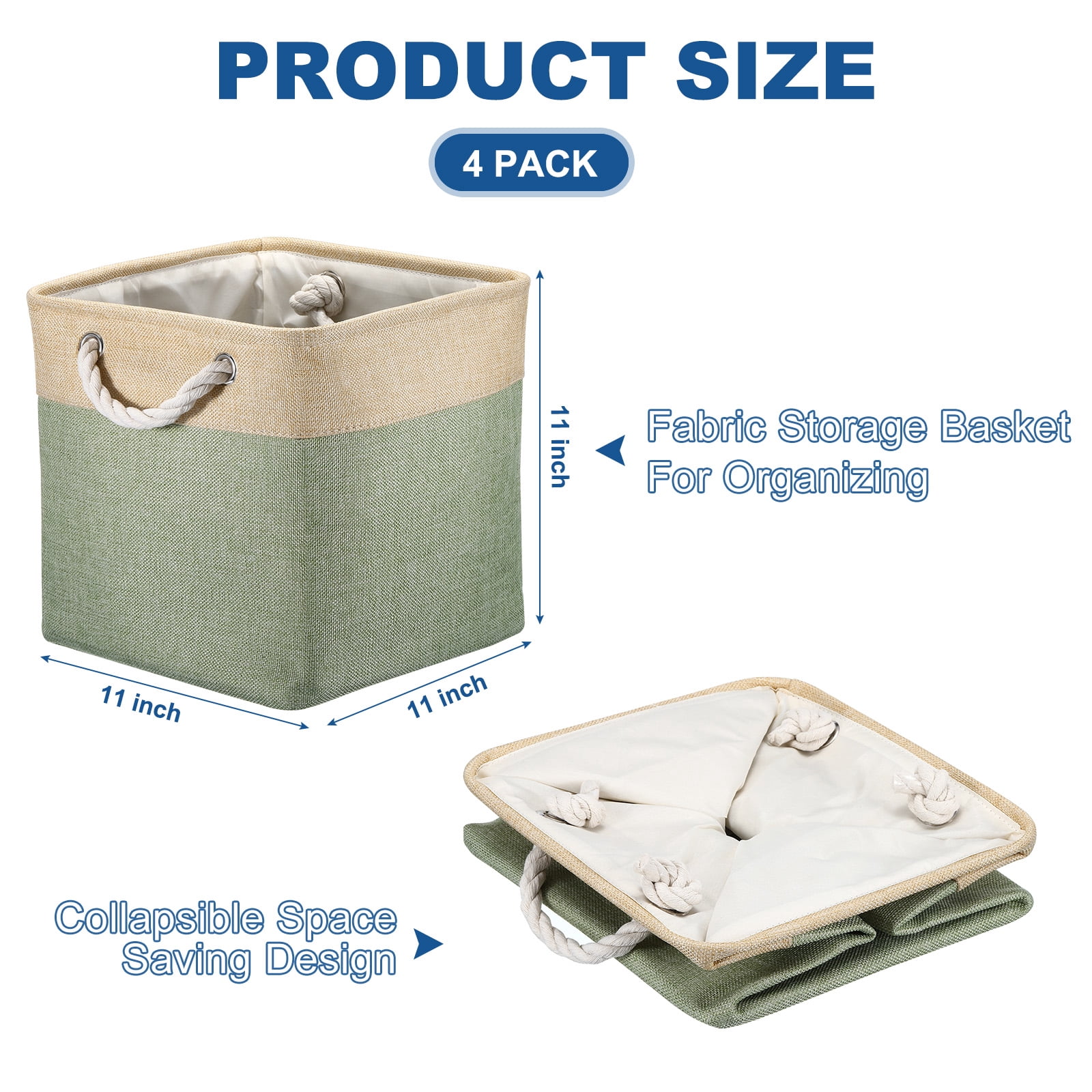 Unique Bargains Storage Baskets Fabric Collapsible Cube Basket w Handles Beige, Green