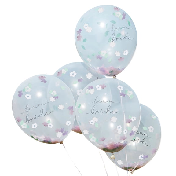 Amscan "Team Bride" Round Transparent Confetti Latex Balloons, Blue/Purple, Floral, 12-in, 5-pk