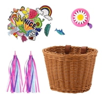 Bicycle Basket Set - Colored Tassels Wicker Front Handlebar Bike Basket with Streamer Bell and Stickers, Bicycle Basket Set of 4 (Brown）