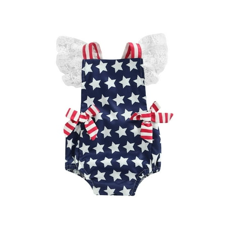 

CenturyX Independence Day Sweet Newborn Baby Girls Sleeveless Lace Bow Romper American Flag Infant Backless Stripe Star Printed Bodysuit Blue 12-24 Months