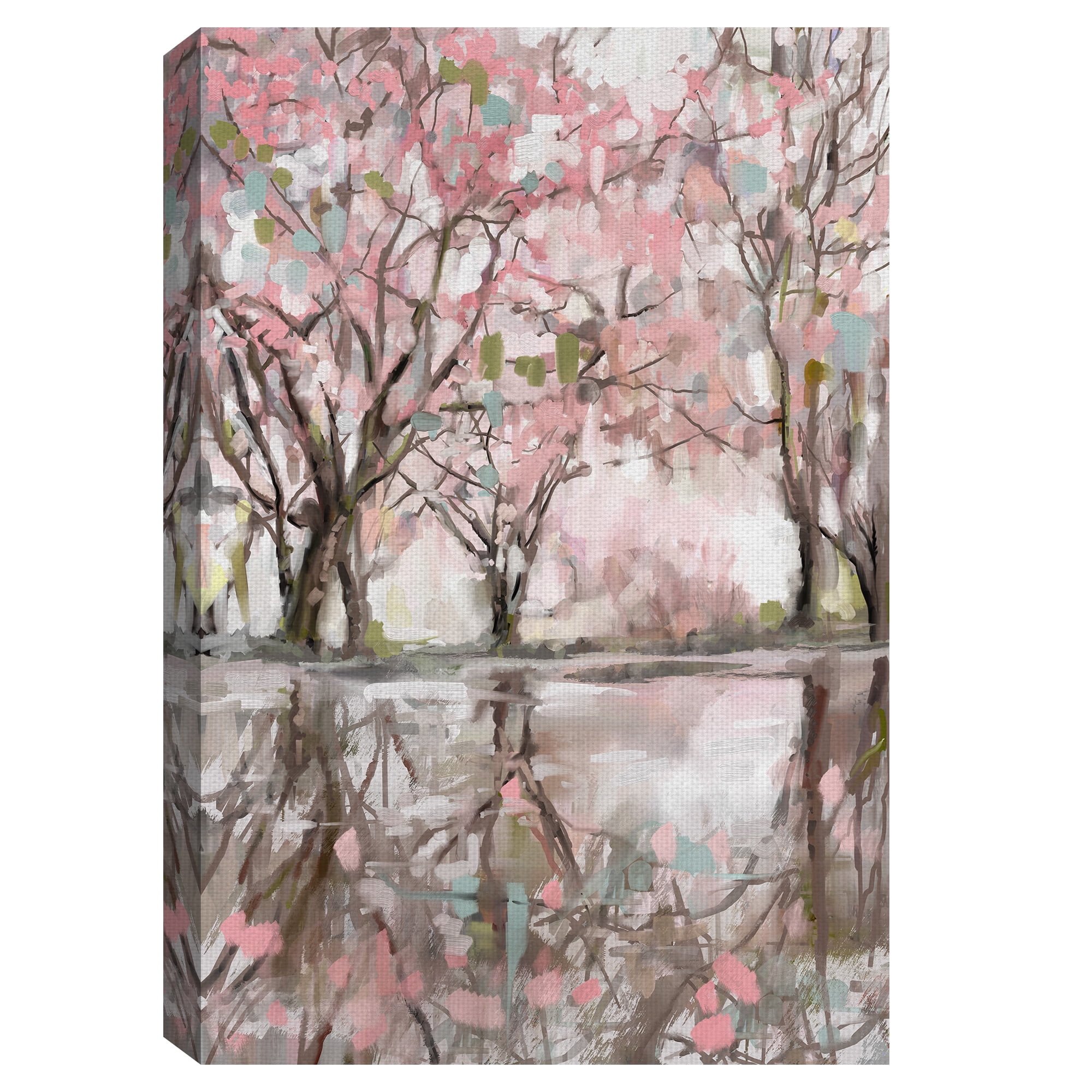 Masterpiece Art Gallery Pink Blossom Reflection Lake & Trees By Studio Arts Canvas Art Print 24" x 36"