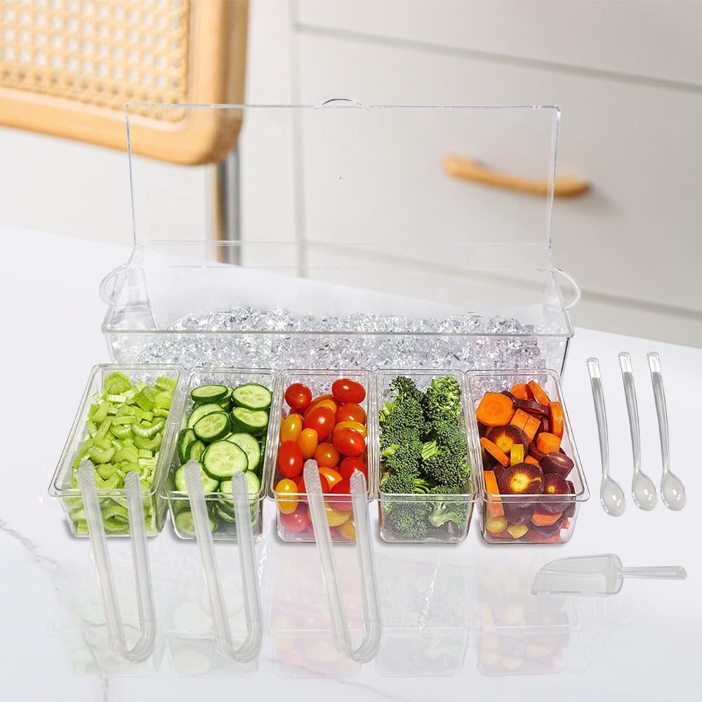 Chilled Condiment Server with Lids,Serving Trays,Condiment Caddy with 5 Containers,Ice Fruit Tray Platter for Bar Accessories,Salad,Taco,Party Garnish