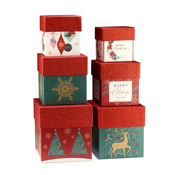 Fifth Ave Kraft Christmas Nesting Gift Boxes, Set of 6 Gift Boxes with Lids, Festive Glitter Design for Holiday Presents, Elegant Storage, Durable & Reusable Gift Packaging (No Mess Glitter)