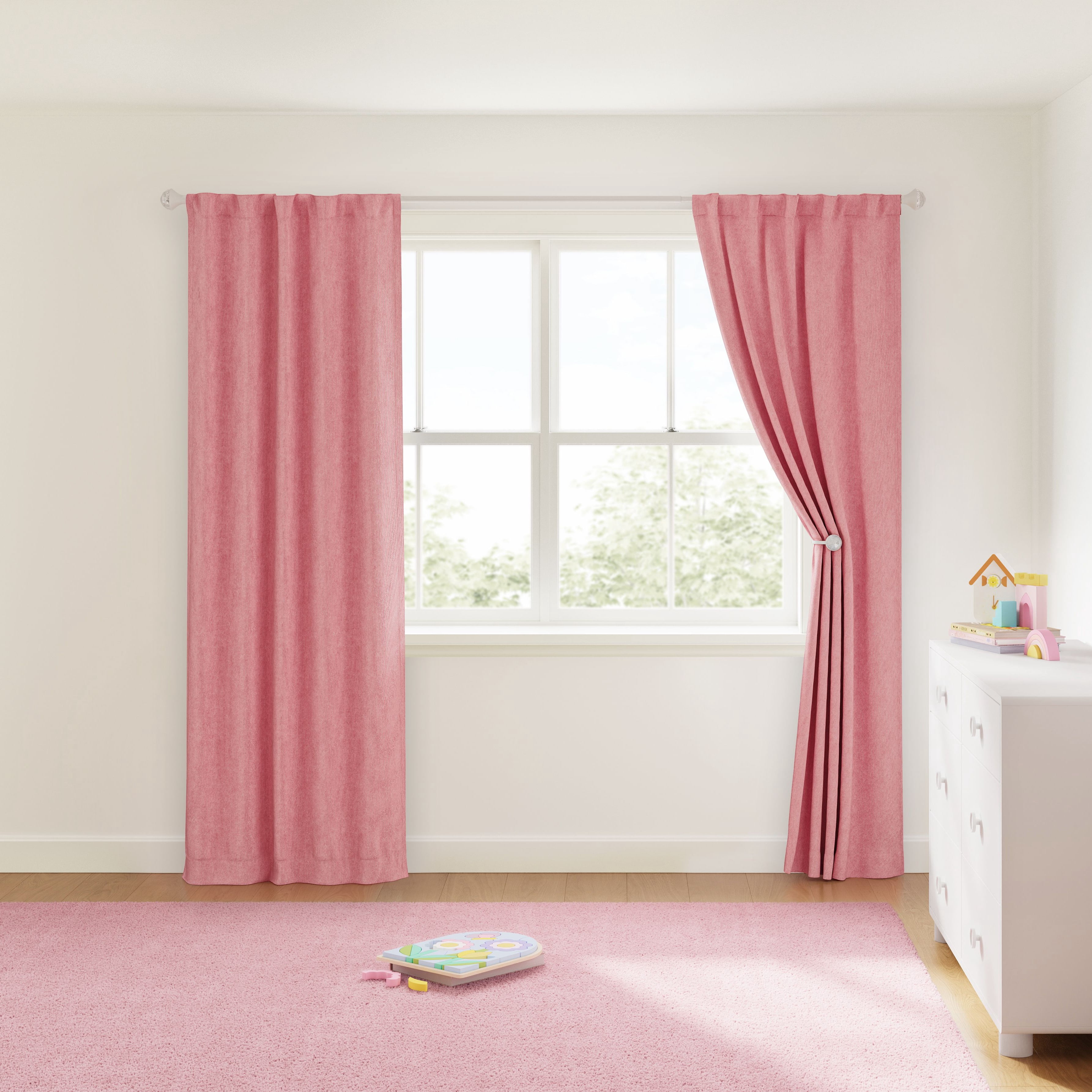 Mainstays Kids Pink Ribbed Corduroy Blackout Single Curtain Panel, Rod Pocket with Back Tabs, 38 in x 84 in
