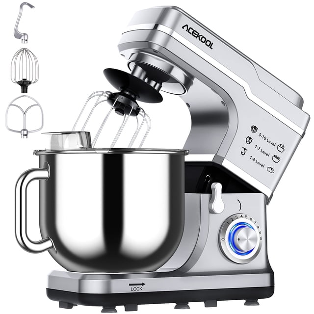 QinaQin Batidora de pedestal de 7.5 QT y 660 W, cabezal inclinable, 10 velocidades, con gancho, batidor y protector contra salpicaduras