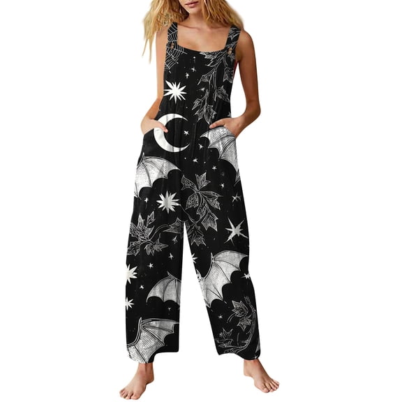 Women's Halloween Jumpsuits Sleeveless Loose Wide Leg with Pockets Square Neck Pull On Casual Romper for Fall Daily and Holiday Party Outfits Black L