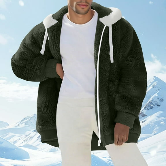 Green Mens Jacket Winter Fleece Casual Hooded Jacket Plain Lightweight Zip Up Fashion Clothing