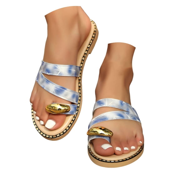 Dakaela Womens Flip Flops Pearl Toe Ring Slide Sandals Comfort Summer Beach Walking Flat Shoes Blue 6.5