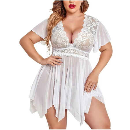 XWSHYW Summer Pajamas for Women Sexy Solid Color Lace Sleepwear Casual Crew Neck Short Sleeve Bra and Panty Sets Flash Sales for Today