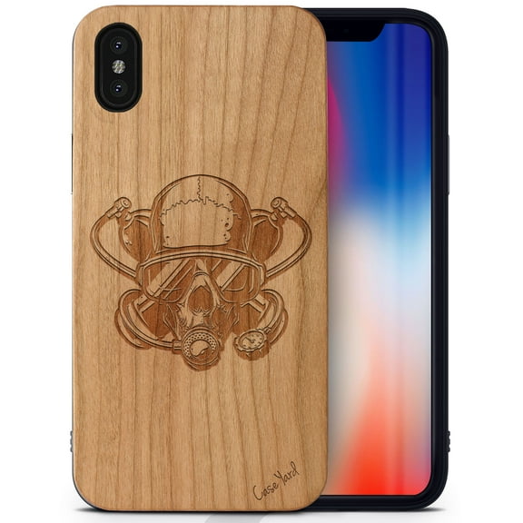 Case Yard Wooden Case Outside Soft TPU Silicone, Slim Fit Shockproof Wood Protective Phone Cover for Girls Boys Men and Women, Supports Wireless Charging Diver Skull Design case for iPhone-X