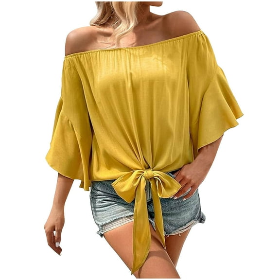 Tie Front Tops Womens Off The Shoulder Going Out Blouses Flared Sleeves Summer Travel Fashion Vacation Outfits (XL, Yellow)