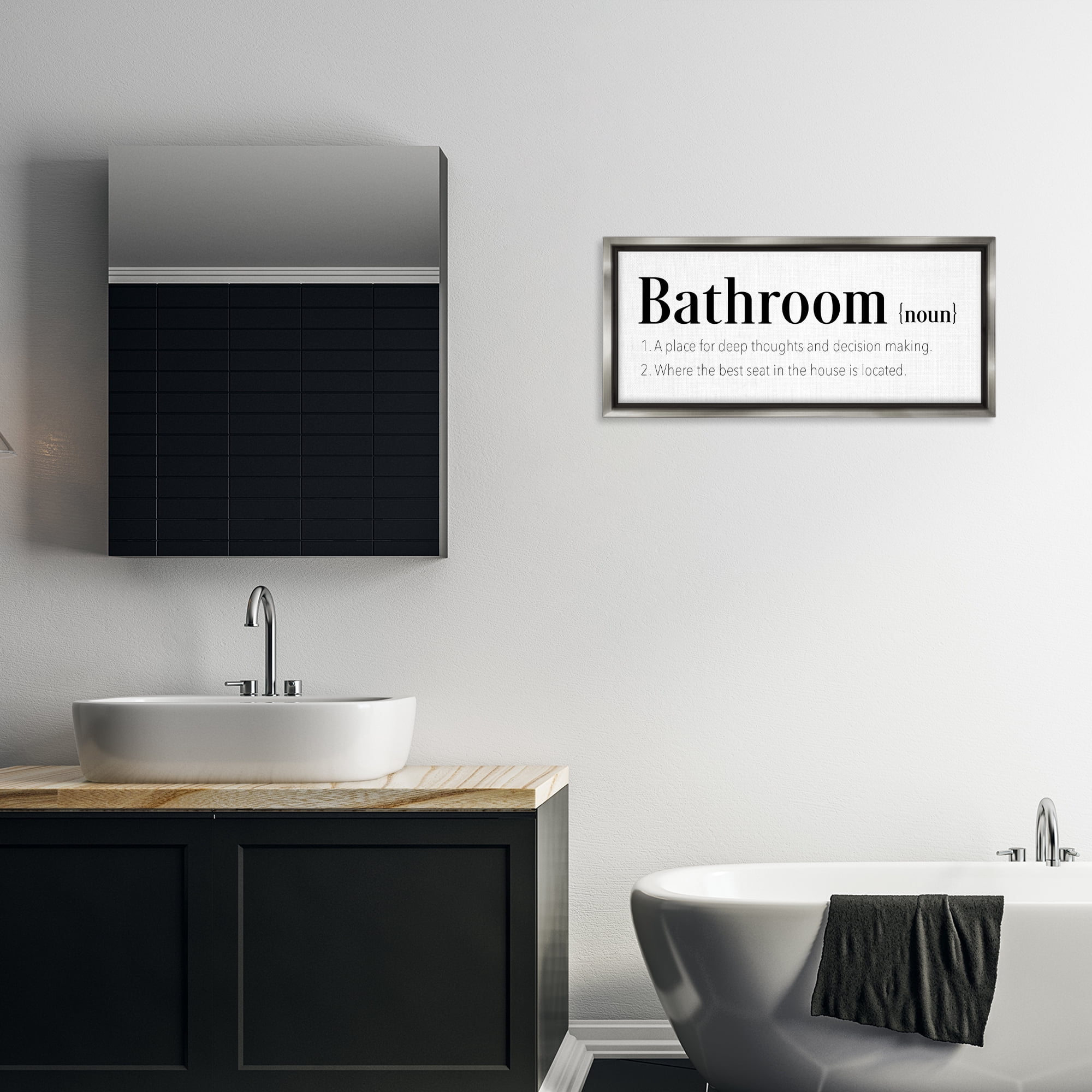 Stupell Industries Funny Bathroom Definition Bath & Laundry Painting Gray Floater Framed Canvas Art Print Wall Art, 31 x 14