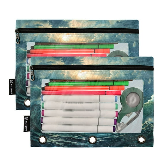 Ckdifva Ocean Blue Pencil Pouch 3 Ring Zipper Pencil Case Binder Pockets Clear Top Cosmetic Bag 2 Pack