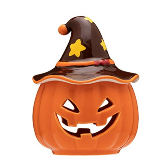 Shoreew Halloween Ceramic Pumpkin Tea Light Holder Tabletop Spooky Pumpkin Sculptures Candle Holder for Home Holiday Party Decoration