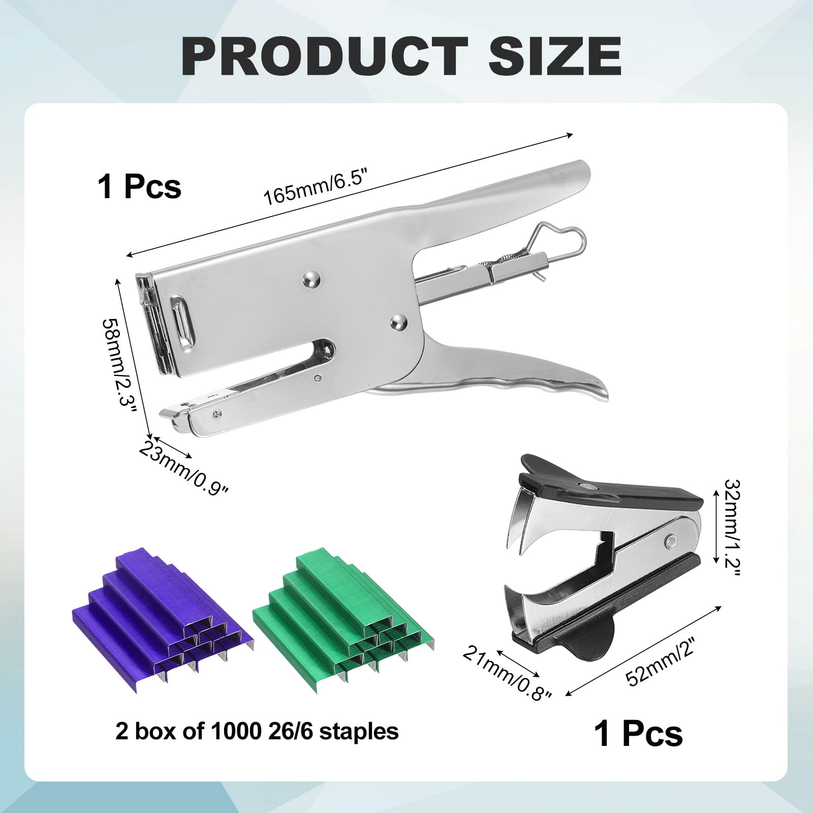 Desktop Stapler Heavy Duty, 1 Set Handheld Plier Stapler No Jam with Staples Remover and 2000 Purple & Green 26/6 Staples Set for Office Supplies Workplace Paperwork Cardboard, Silver