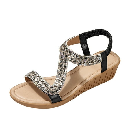 

SEMIMAY Ladies Ethnic Style Summer Rhinestone Decorative Slope Heel Thick Sole Fashion Sandals Black