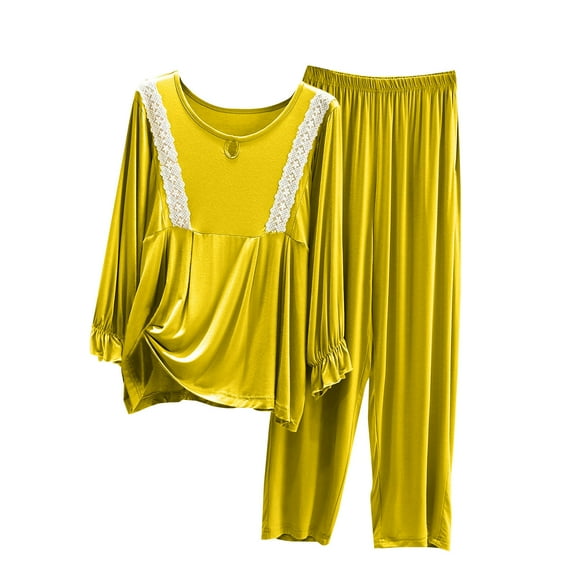 Kaemgyyd Women's Lace Pajama Set 2 Piece Lounge Outfits Fall Long Sleeve Loose Crew Neck Tops and Pleated Pant Sleepwear Pjs Set