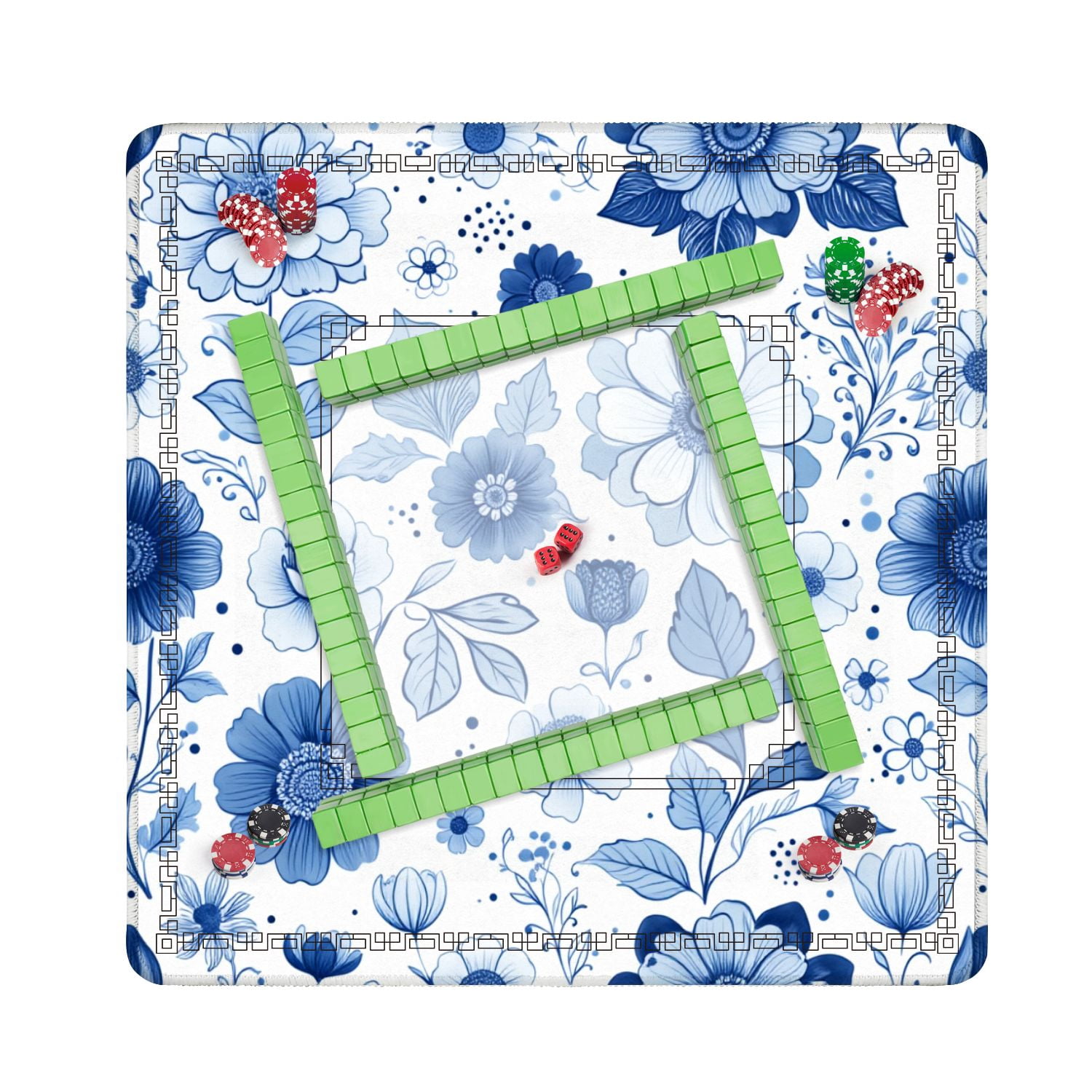 Mahjong Mat 31.5" x 31.5" Blue Floral Detailed Flowers Leaves Hand Drawn Style Non-Slip Noise Reduction American Mahjong Tiles Table Cover for Dominoes Poker Card Board Games Gift