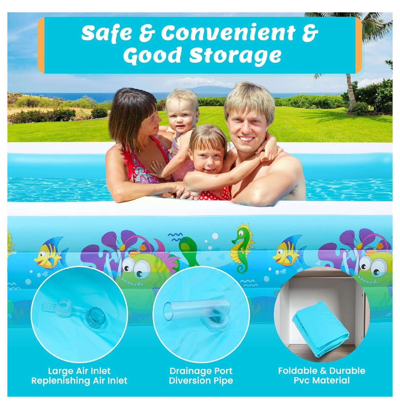 Inflatable Swimming Pool 120"x72"x22" Blow up Pool, Full-Sized Above Ground Family Pool, Summer Water Party, Backyard, Outdoor Beach Garden Lawn,Ocean Blue