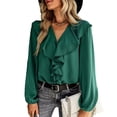 thumbnail image 1 of Blusa de manga larga con cuello en V, diseño de empalme de encaje con volantes, ajuste holgado, Color puro, Top informal para mujer para todas las estaciones, 1 of 8