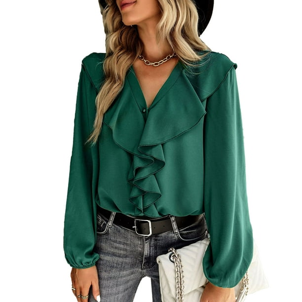 Blusa De Manga Larga, Diseño De Empalme De Encaje Con Volantes Tela Suave De Color Puro Mujeres Puños Elásticos Superiores Casuales Para El Trabajo Para Los Negocios ANGGREK No