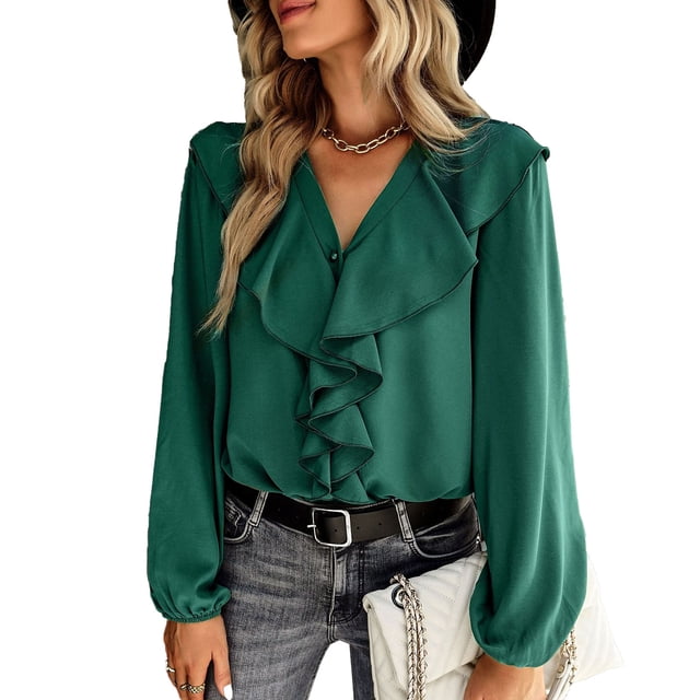 Blusa de manga larga con cuello en V, diseño de empalme de encaje con volantes, ajuste holgado, Color puro, Top informal para mujer para todas las estaciones