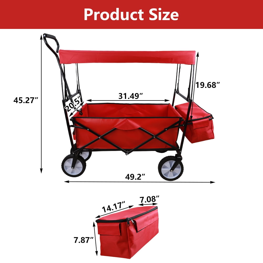 SESSLIFE Folding Beach Wagon for Sand, Collapsible Wagon Cart with Removable Canopy, Adjustable Handles, Extra Pocket and Cup Holder, Utility Cargo Wagon, Red, TE2239